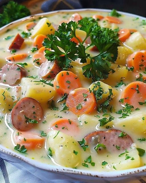 Schmeckt riesig, Kohlrabi Kartoffel Mohren Eintopf mit Wiener Würstchen ...